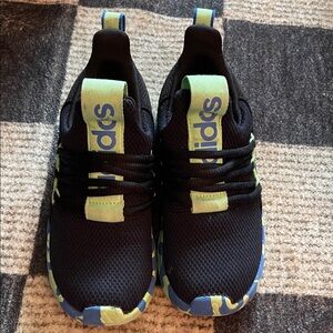 adidas Kids Black Sneakers with Neon Lime & Light Blue Accents